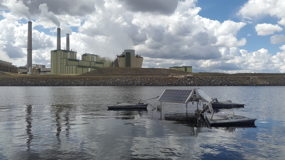 image showing a SolarBee® Mixer in an industrial wastewater lagoon.