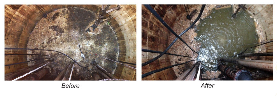 before and after picture showing huge improvement after using GridBee® AP500 wet well mixer