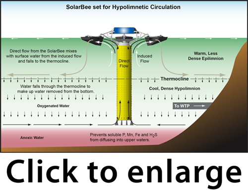 diagram detailing SolarBee® hypolimnetic circulation for lakes, reservoirs, and ponds