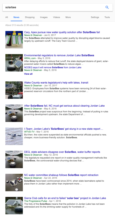 image showing disproportionate amount of Google News results for jordan lake, inaccurate media reporting