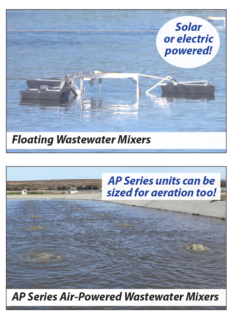 compilation image showing floating and air-powered wastewater mixers